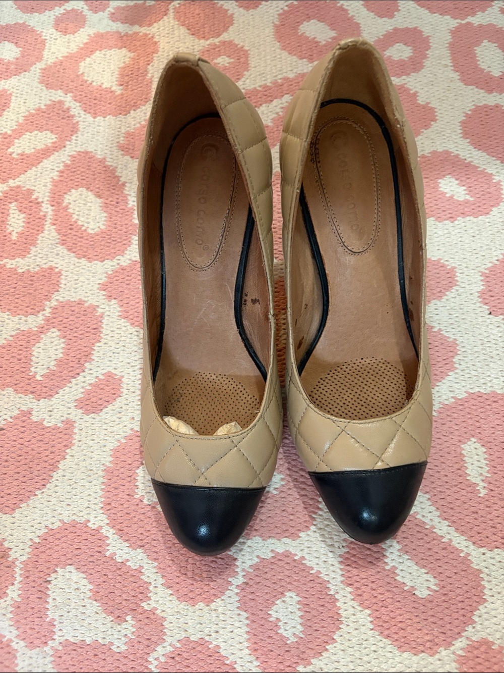 Corso Como Beige Quilted Pumps with Black Cap Toe
